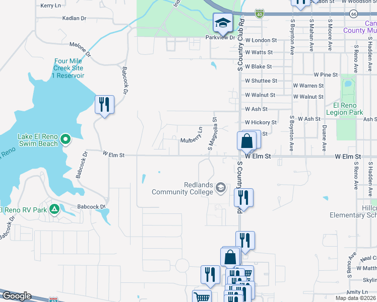 map of restaurants, bars, coffee shops, grocery stores, and more near 1801 Mulberry Lane in El Reno