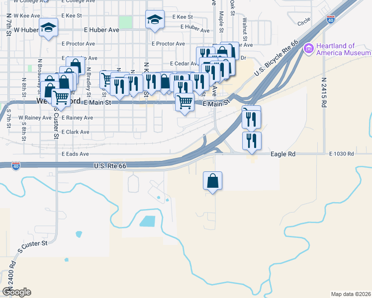 map of restaurants, bars, coffee shops, grocery stores, and more near 1026 Eagle Road in Weatherford