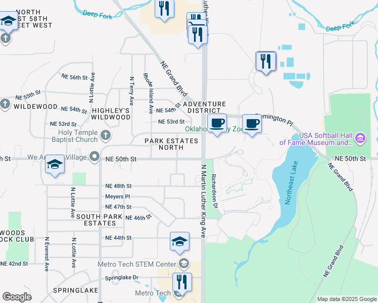 map of restaurants, bars, coffee shops, grocery stores, and more near 1913 Northeast 50th Street in Oklahoma City