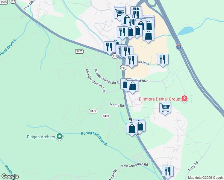 map of restaurants, bars, coffee shops, grocery stores, and more near 258 Stradley Mountain Road in Asheville