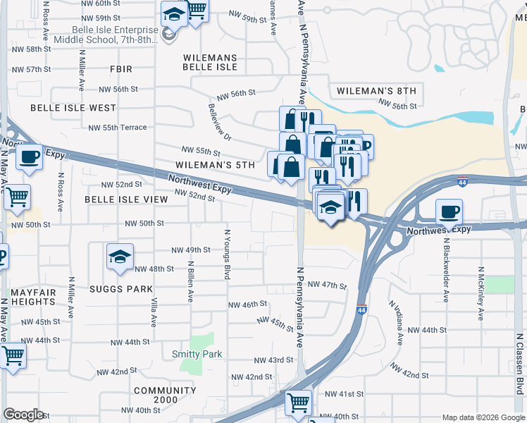map of restaurants, bars, coffee shops, grocery stores, and more near 5113 North Barnes Avenue in Oklahoma City