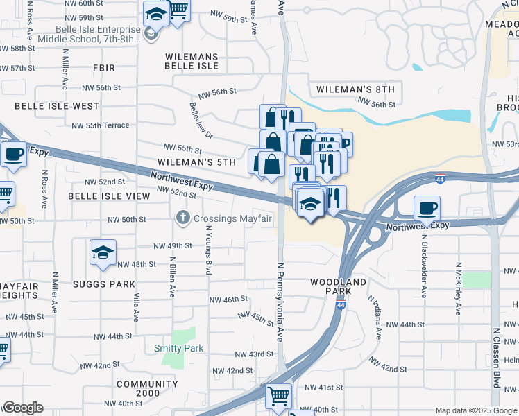 map of restaurants, bars, coffee shops, grocery stores, and more near 5108 North Barnes Avenue in Oklahoma City