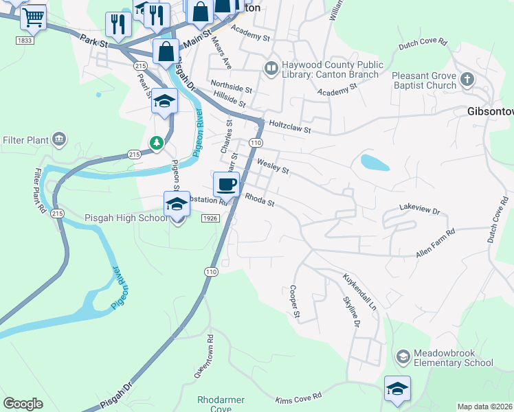 map of restaurants, bars, coffee shops, grocery stores, and more near 20 Rhoda Street in Canton