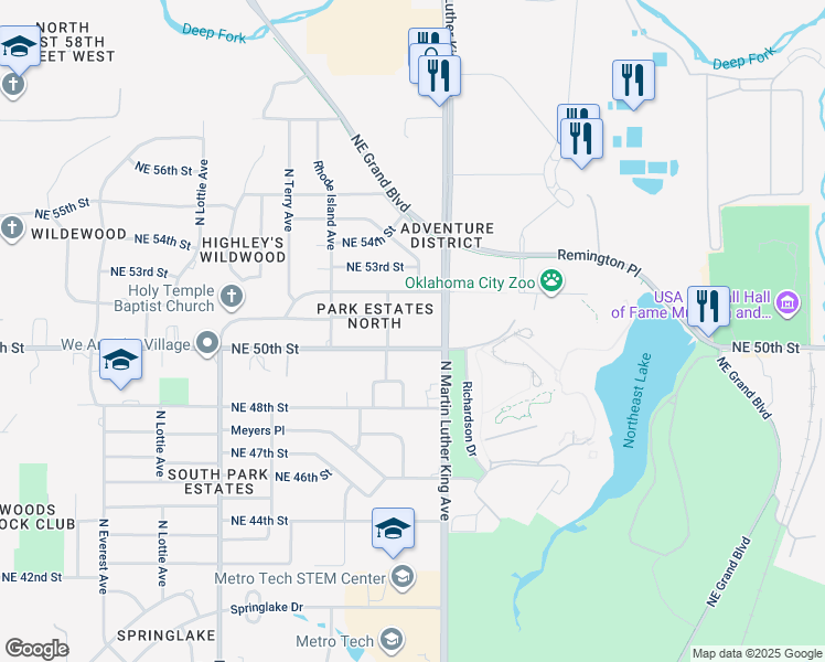 map of restaurants, bars, coffee shops, grocery stores, and more near 1913 Northeast 50th Street in Oklahoma City