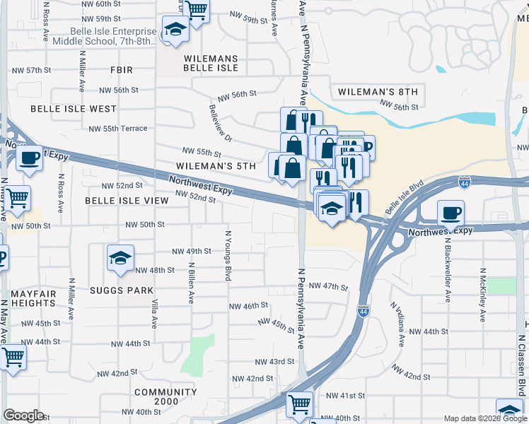 map of restaurants, bars, coffee shops, grocery stores, and more near 5113 North Barnes Avenue in Oklahoma City