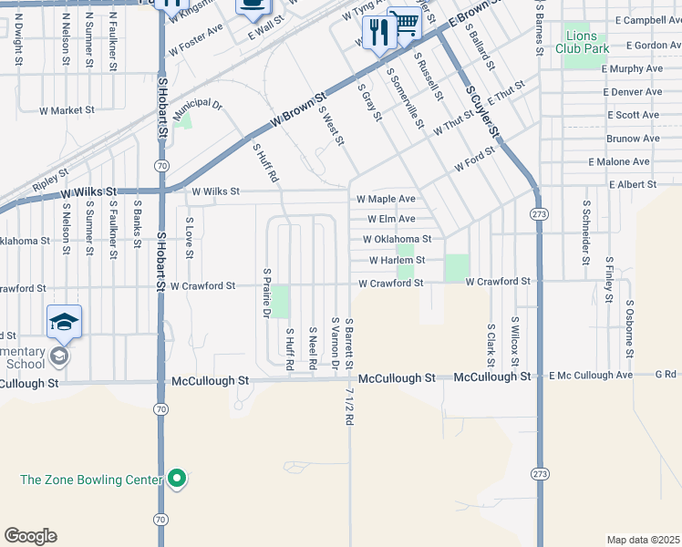 map of restaurants, bars, coffee shops, grocery stores, and more near 1001-1099 South Varnon Drive in Pampa