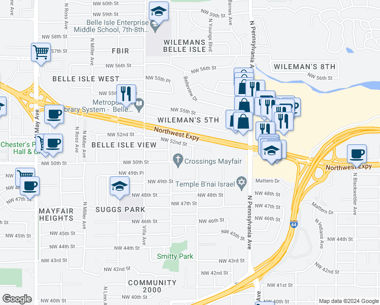 map of restaurants, bars, coffee shops, grocery stores, and more near 5115 North Youngs Boulevard in Oklahoma City