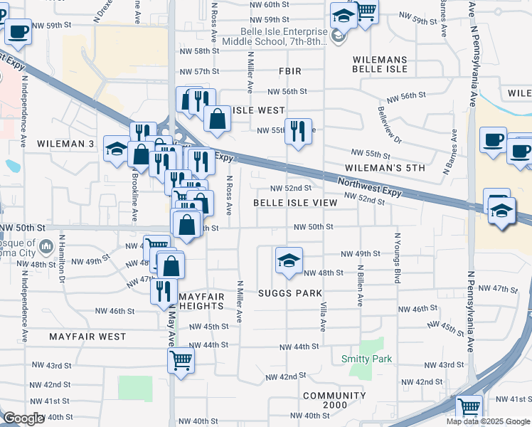 map of restaurants, bars, coffee shops, grocery stores, and more near 2620 Northwest 51st Street in Oklahoma City