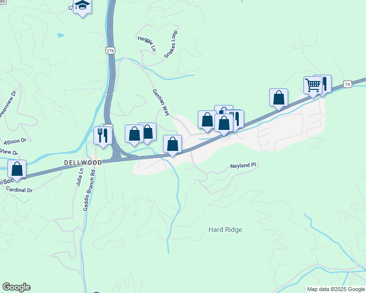 map of restaurants, bars, coffee shops, grocery stores, and more near 3376 Dellwood Road in Waynesville