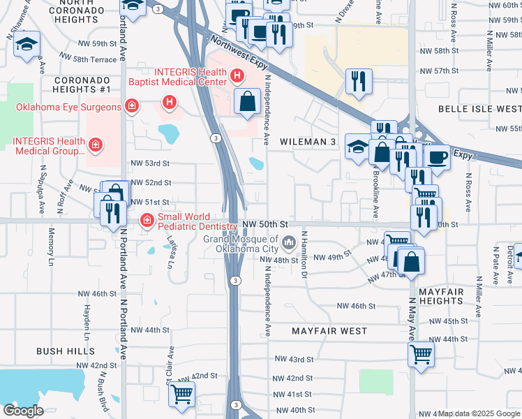 map of restaurants, bars, coffee shops, grocery stores, and more near 3301 Northwest 50th Street in Oklahoma City