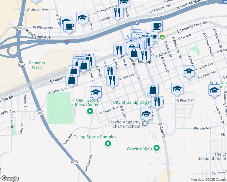 map of restaurants, bars, coffee shops, grocery stores, and more near South 6th Street in Gallup