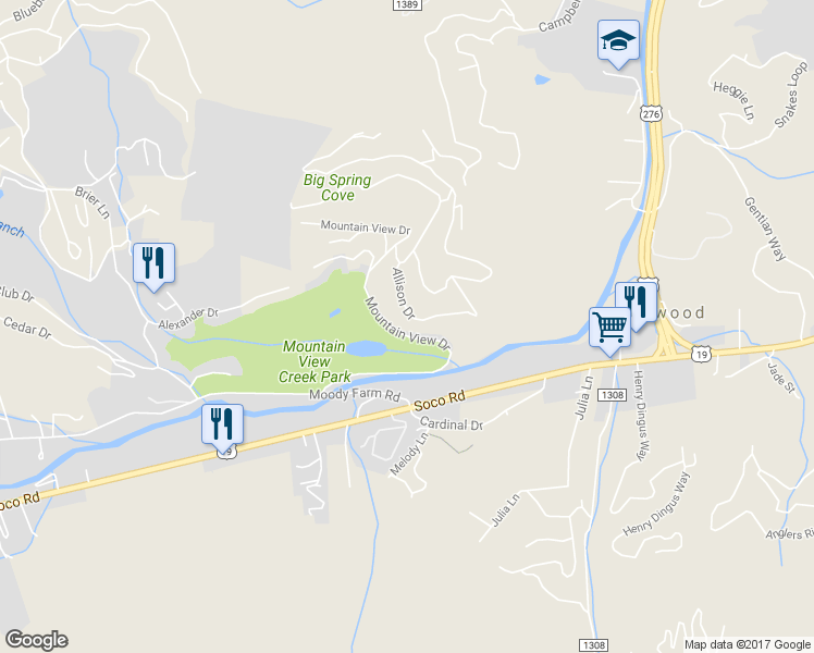 map of restaurants, bars, coffee shops, grocery stores, and more near 448 Mountain View Drive in Maggie Valley