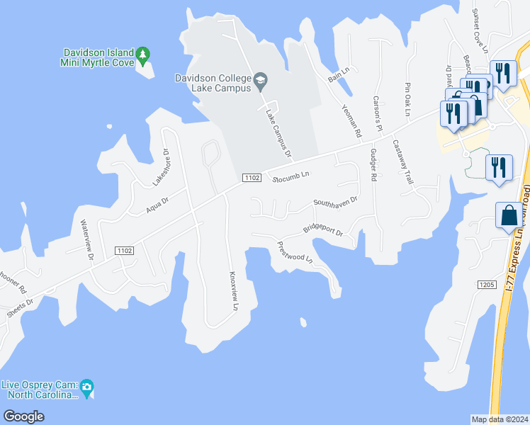 map of restaurants, bars, coffee shops, grocery stores, and more near 102 Lakewood Circle Drive in Mooresville