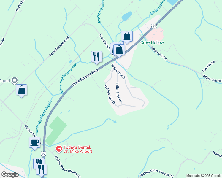map of restaurants, bars, coffee shops, grocery stores, and more near 353 Hidden Hills Drive in Dayton