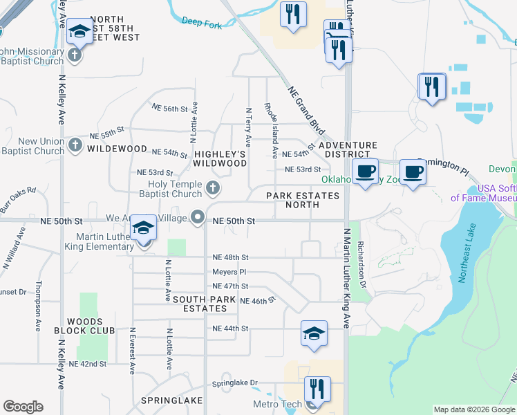 map of restaurants, bars, coffee shops, grocery stores, and more near 1712 Northeast 51st Street in Oklahoma City