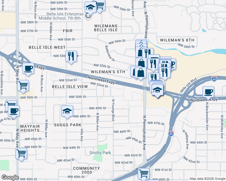 map of restaurants, bars, coffee shops, grocery stores, and more near 5119 North Youngs Boulevard in Oklahoma City
