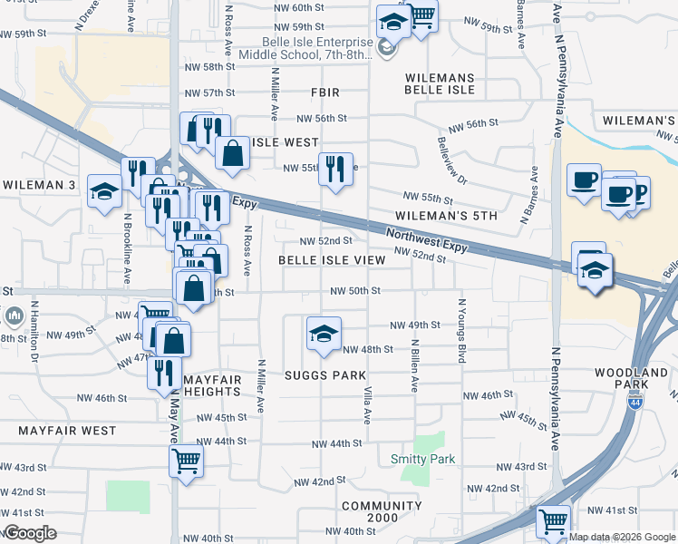 map of restaurants, bars, coffee shops, grocery stores, and more near 5120 North Linn Avenue in Oklahoma City