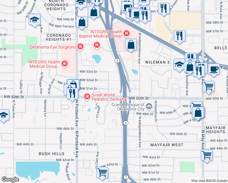 map of restaurants, bars, coffee shops, grocery stores, and more near 3426 Northwest 51st Street in Oklahoma City