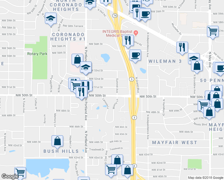 map of restaurants, bars, coffee shops, grocery stores, and more near 3506 Northwest 51st Street in Oklahoma City