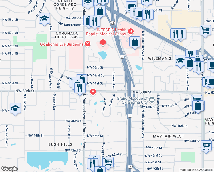 map of restaurants, bars, coffee shops, grocery stores, and more near 3506 Northwest 51st Street in Oklahoma City