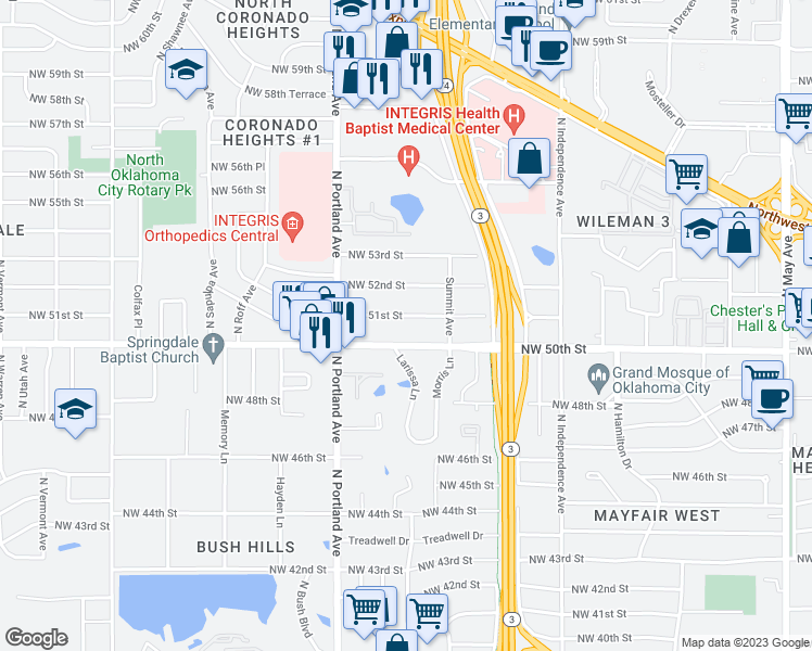 map of restaurants, bars, coffee shops, grocery stores, and more near 3536 Northwest 51st Street in Oklahoma City