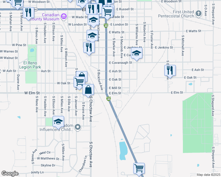 map of restaurants, bars, coffee shops, grocery stores, and more near 1200 S Barker Ave in El Reno