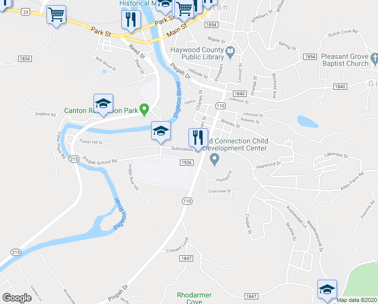 map of restaurants, bars, coffee shops, grocery stores, and more near 27 Substation Road in Canton