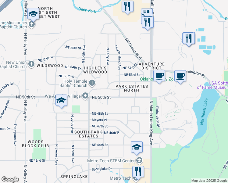 map of restaurants, bars, coffee shops, grocery stores, and more near 1712 Northeast 51st Street in Oklahoma City