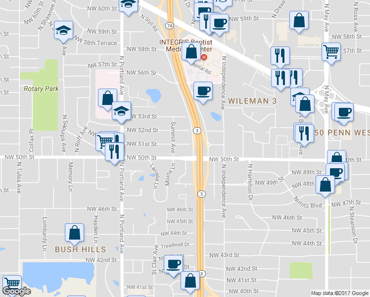 map of restaurants, bars, coffee shops, grocery stores, and more near 3426 Northwest 51st Street in Oklahoma City