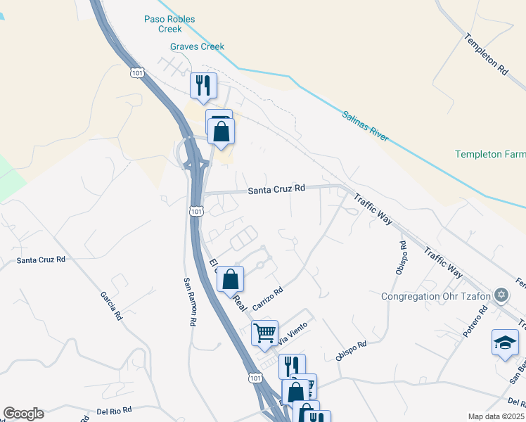 map of restaurants, bars, coffee shops, grocery stores, and more near 5155 Santa Cruz Road in Atascadero
