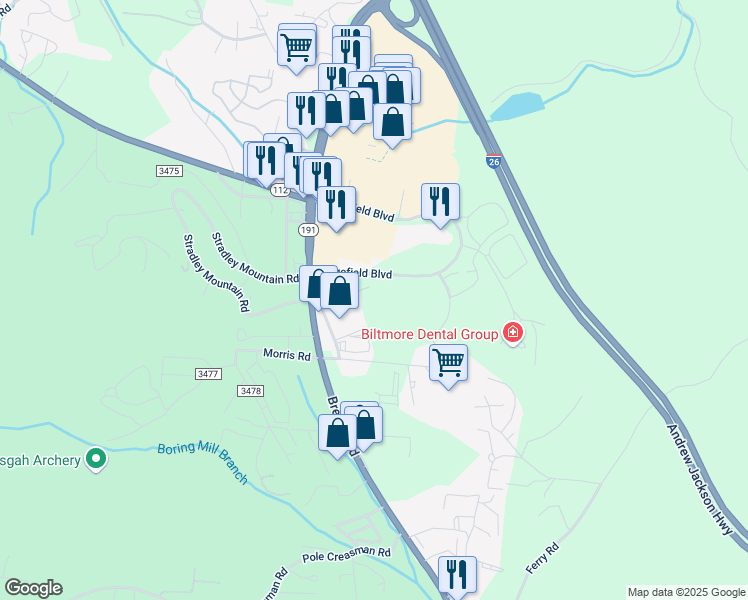 map of restaurants, bars, coffee shops, grocery stores, and more near 10 Old Brevard Road in Asheville