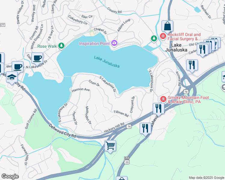 map of restaurants, bars, coffee shops, grocery stores, and more near 2177 South Lakeshore Drive in Lake Junaluska