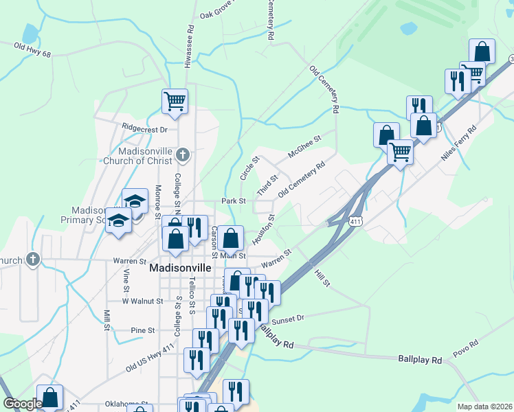 map of restaurants, bars, coffee shops, grocery stores, and more near 511 Park Street in Madisonville