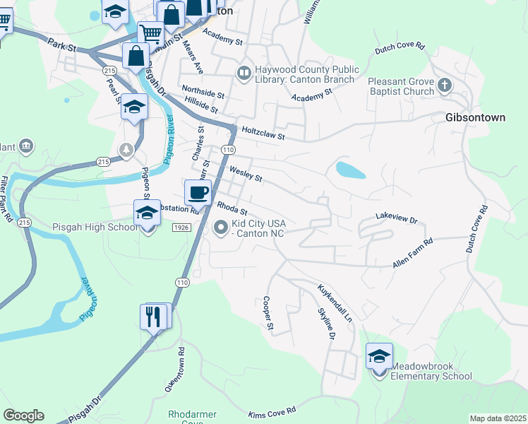 map of restaurants, bars, coffee shops, grocery stores, and more near 76 Poplar Street in Canton
