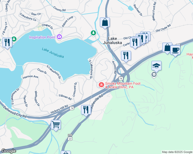 map of restaurants, bars, coffee shops, grocery stores, and more near 561 Lakeview Drive in Waynesville