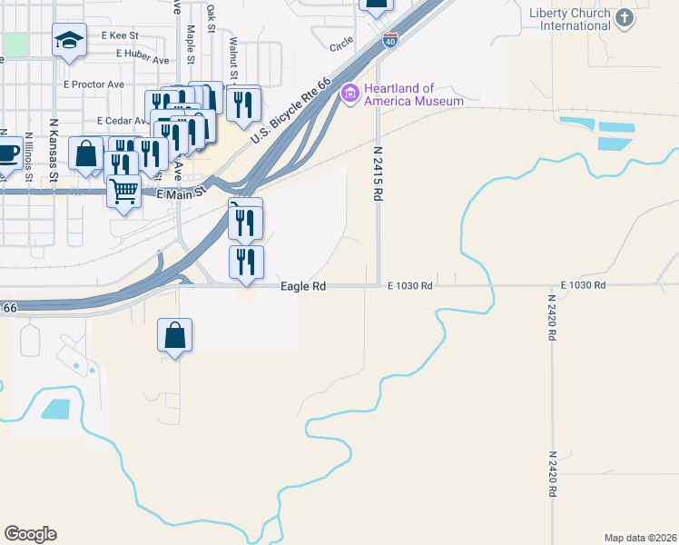 map of restaurants, bars, coffee shops, grocery stores, and more near 1531 Eagle Road in Weatherford