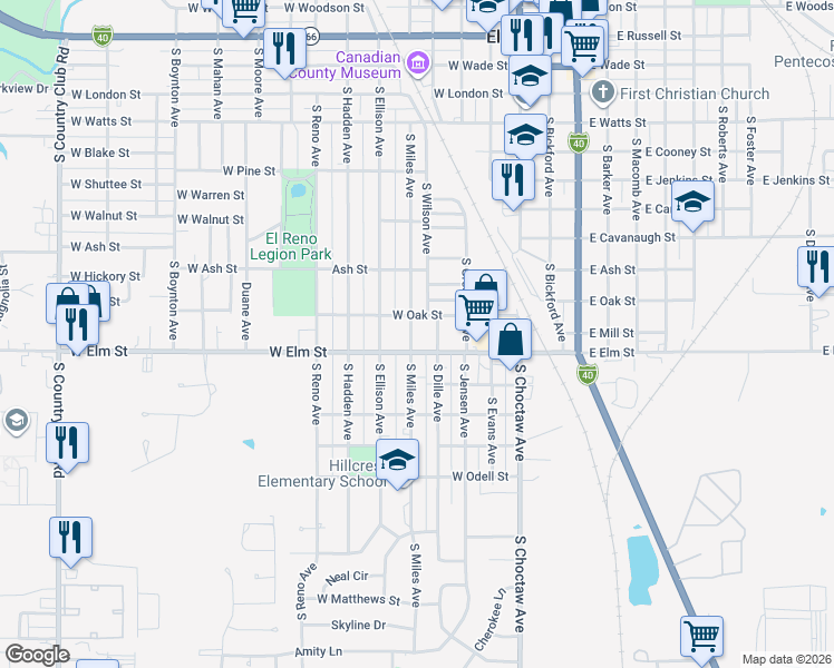 map of restaurants, bars, coffee shops, grocery stores, and more near 915 South Miles Avenue in El Reno