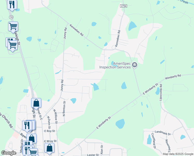 map of restaurants, bars, coffee shops, grocery stores, and more near 311 Whetstone Drive in Angier
