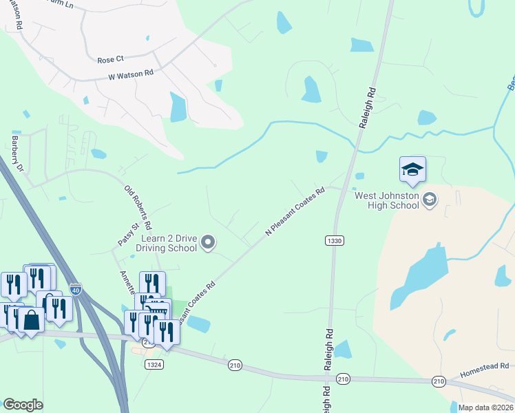 map of restaurants, bars, coffee shops, grocery stores, and more near 332 North Pleasant Coates Road in Benson