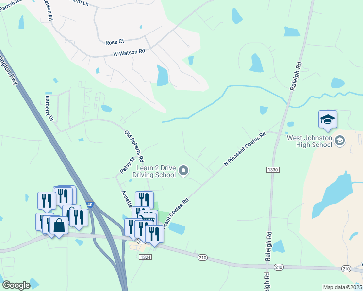 map of restaurants, bars, coffee shops, grocery stores, and more near Pleasant Ridge Court in Johnston County