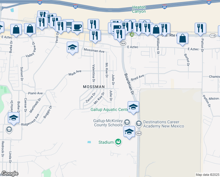 map of restaurants, bars, coffee shops, grocery stores, and more near 2142 Boyd Ave in Gallup