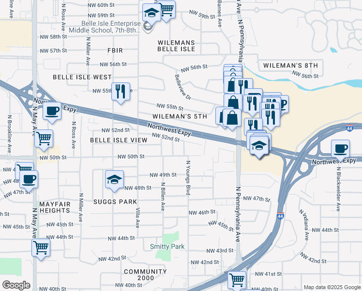 map of restaurants, bars, coffee shops, grocery stores, and more near 5119 North Youngs Boulevard in Oklahoma City