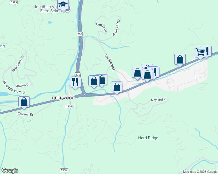map of restaurants, bars, coffee shops, grocery stores, and more near 3500 Dellwood Road in Waynesville