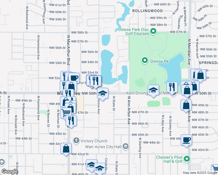 map of restaurants, bars, coffee shops, grocery stores, and more near 5569 Northwest 50th Street in Oklahoma City
