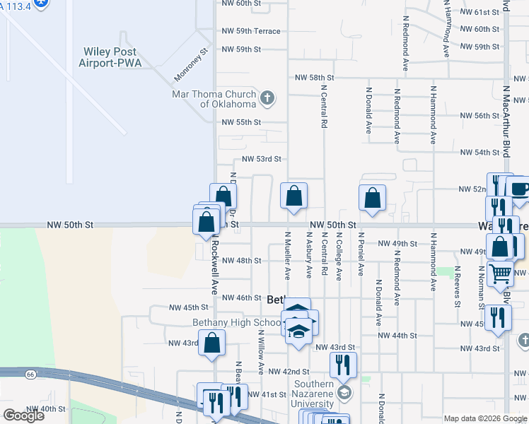 map of restaurants, bars, coffee shops, grocery stores, and more near 5105 N Willow Ave in Bethany