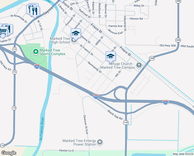 map of restaurants, bars, coffee shops, grocery stores, and more near 506 7th Street in Marked Tree