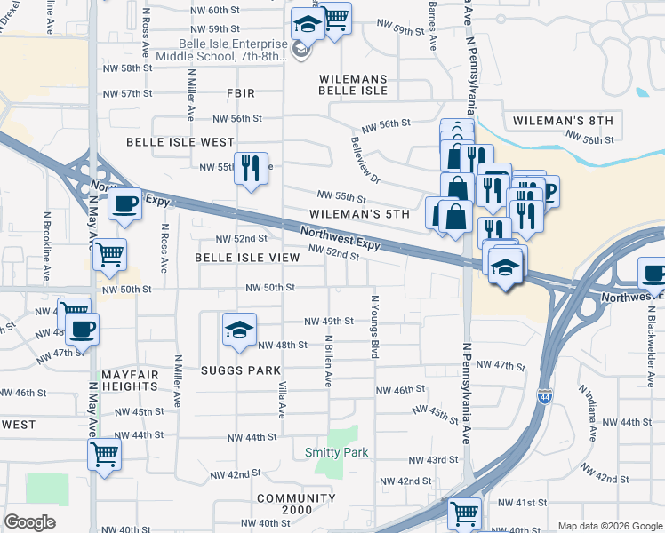 map of restaurants, bars, coffee shops, grocery stores, and more near 5200 North Billen Avenue in Oklahoma City