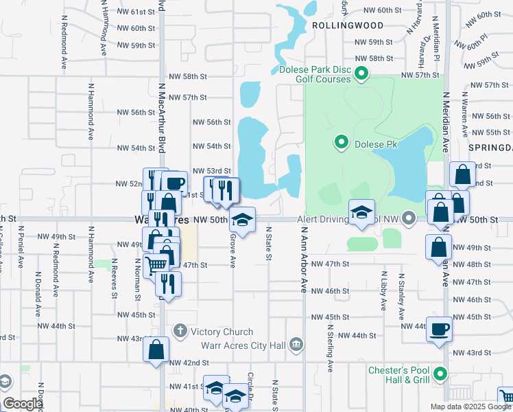 map of restaurants, bars, coffee shops, grocery stores, and more near 5569 Northwest 50th Street in Oklahoma City