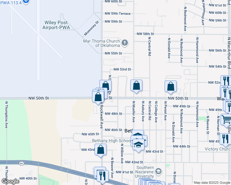 map of restaurants, bars, coffee shops, grocery stores, and more near 5105 N Beaver Ave in Bethany
