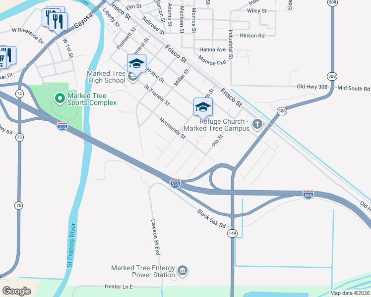 map of restaurants, bars, coffee shops, grocery stores, and more near 506 7th Street in Marked Tree
